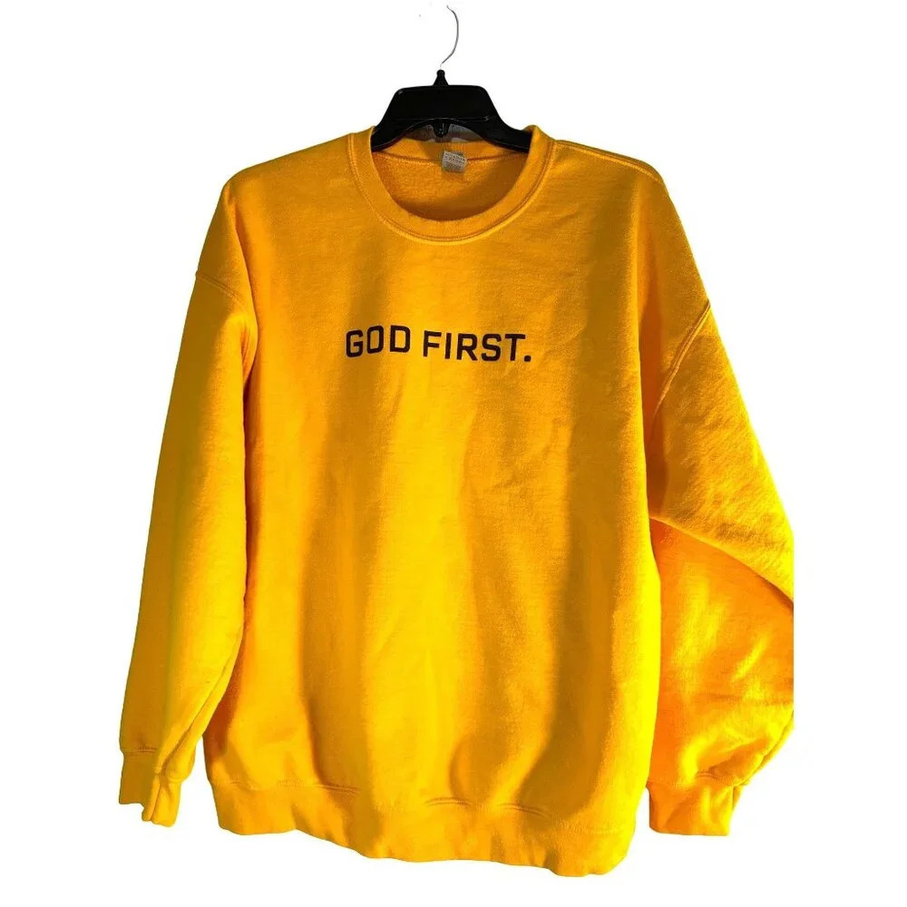 Gildan Womens Graphic Sweat Shirt Yellow God First Size 2XL